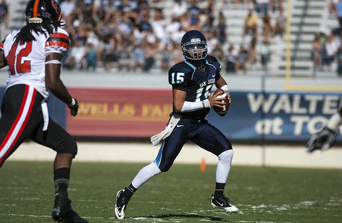 San Diego quarterback Mason Mills threw two touchdowns to lead San Diego past Marist for a share of the PFL title.